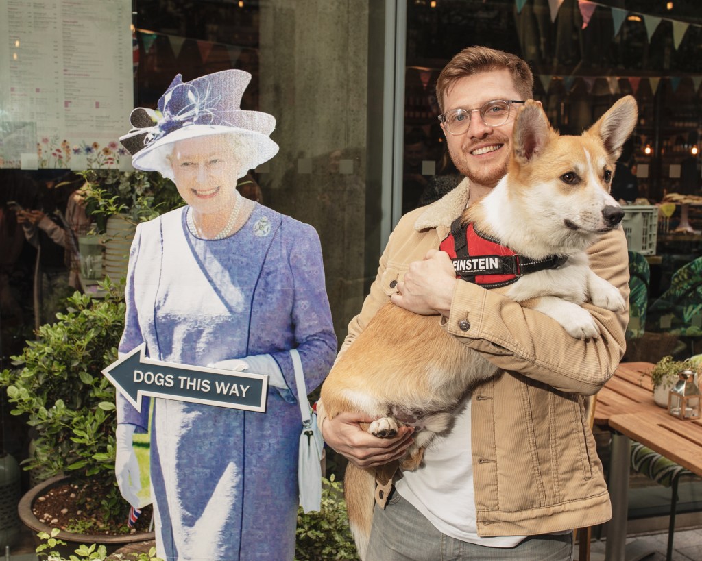 A man holding his corgi at the Platinum Jubilee themed corgi cafe