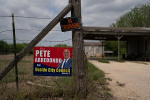 A campaign sign for Pete Arredondo, the chief of police for the Uvalde Consolidated Independent School District, is seen in Uvalde, Texas Monday, May 30, 2022.