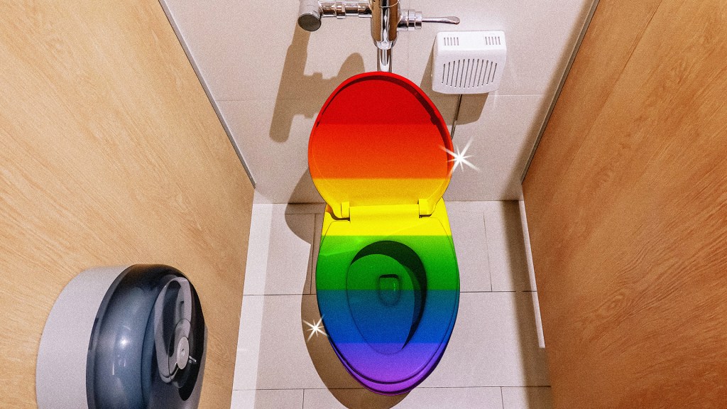 A rainbow pride colored toilet sits in a bathroom stall with its lid open.