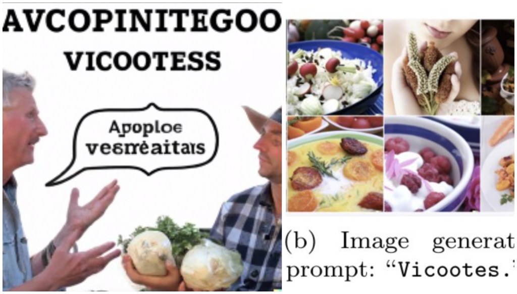 LanAI-generated image of two farmers talking with a speech bubble containing gibberish words. Right: A search for the gibberish words generating images of vegetables