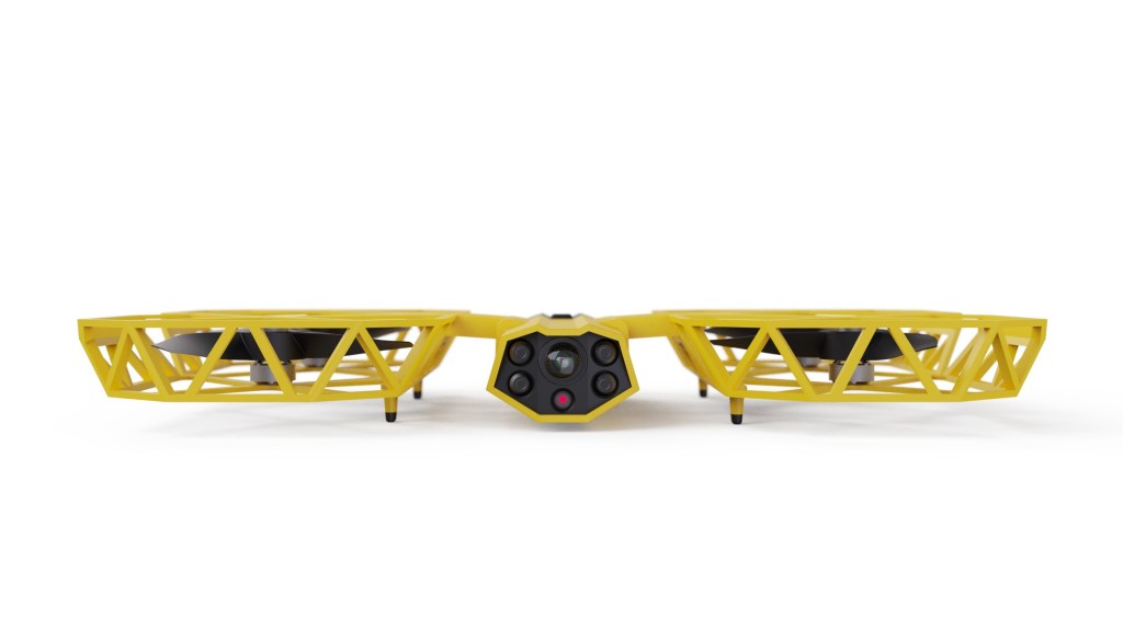 A yellow quad-rotor drone.