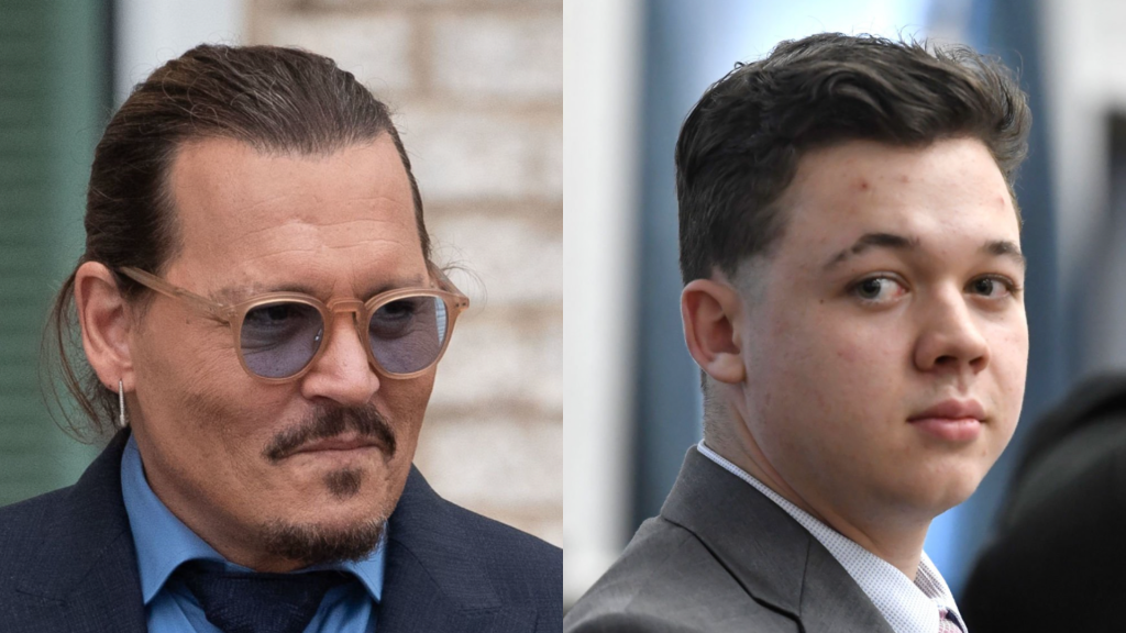 On the left, Johnny Depp gestures to his fans outside court during the Johnny Depp and Amber Heard on May 27, 2022 in Fairfax, Virginia. On the right, Kyle Rittenhouse sits trial at the Kenosha County Courthouse on November 01, 2021 in Kenosha, Wisconsin.