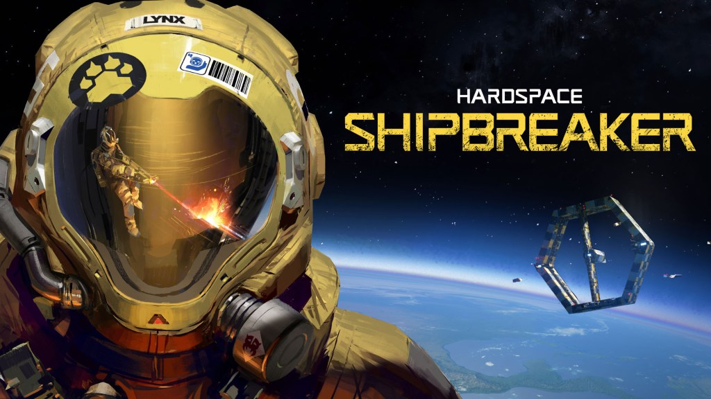 Key art from Hardspace Shipbreaker, A person in a yellow spacesuit looks towards the camera, with a reflection of another person using a laser to cut a ship.