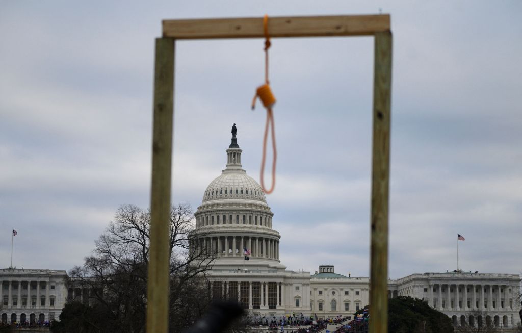 A noose is seen on makeshift gallows as supporters of US President Donald Trump gather on the West side of the US Capitol in Washington DC on January 6, 2021.