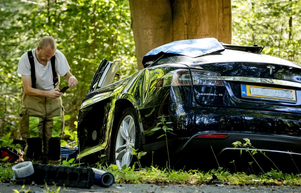 Tesla crashed in woods