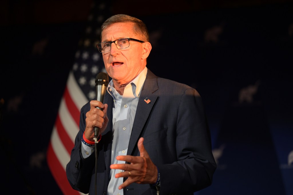 Michael Flynn speaks at a campaign event for U.S. Senate candidate Josh Mandel on April 21, 2022 in Brunswick, Ohio. (Dustin Franz/Getty Images)