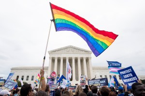 Protesters rally in front of the Supreme Court as it hears arguments on whether gay and transgender people are covered by a federal law barring employment discrimination on the basis of sex on Tuesday, Oct. 8, 2019. (Bill Clark/CQ-Roll Call, Inc via Getty