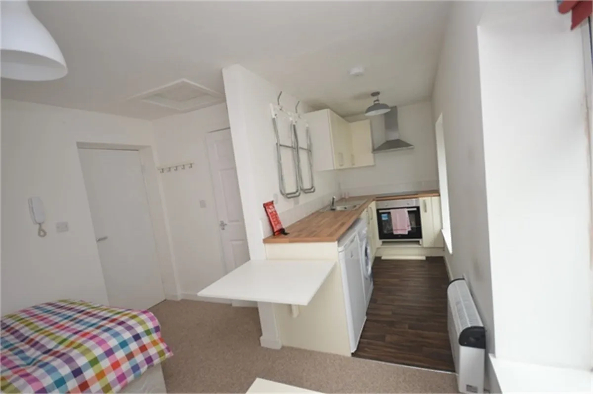 View of kitchen with bed in one-bed studio to rent in Sunderland