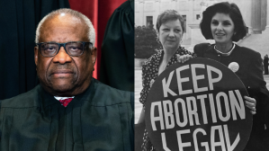 Clarence Thomas and Jane Roe outside of Supreme Court