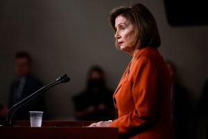 Speaker of the House Nancy Pelosi (D-CA) talks to reporters minutes after the U.S. Supreme Court struck down Roe v Wade, which guaranteed a woman's right to an abortion, in the Capitol Visitors Center on June 24, 2022 in Washington, DC. (Chip Somodevilla/