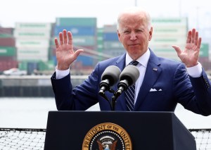 President Joe Biden delivers remarks aboard the Battleship USS Iowa Museum at the Port of Los Angeles on June 10, 2022 in Los Angeles, California. (Mario Tama/Getty Images)​