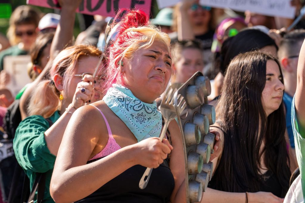 A protester reacts as abortion rights demonstrators gather near the State Capitol in Austin, Texas, June 25, 2022.