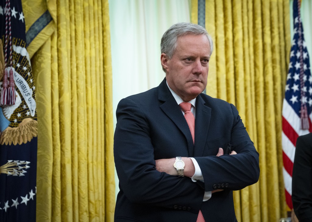 Mark Meadows, White House chief of staff, listens during a meeting with U.S. President Donald Trump and Phil Murphy, governor of New Jersey, at the White House in Washington, D.C., U.S., on Thursday, April 30, 2020. (Doug Mills/New York Times/Bloomberg vi