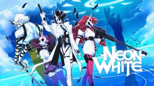 Key art from Neon White, Neon White, Neon Red, Neon Violet and Neon Green stand on stark blue water posing with their weapons