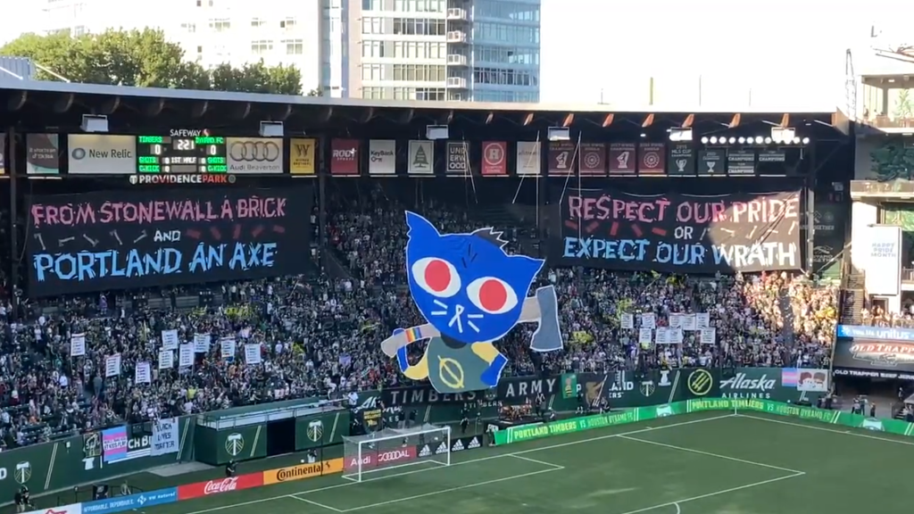 A screenshot of the Timbers Army tifo featuring Mae Borowski