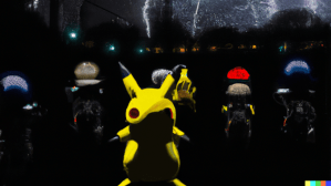 An AI-generated image show a shadowy yellow Pikachu stands against a dark background.