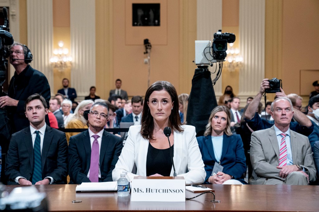 Cassidy Hutchinson, a top former aide to Trump White House Chief of Staff Mark Meadows, testifies during the sixth hearing by the House Select Committee on the January 6th insurrection in the Cannon House Office Building on June 28, 2022 in Washington, DC