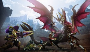 Key art from Monster Hunter Rise: Sunbreak: A large dragon bares it's fangs as four hunters brandish their weapons at it.