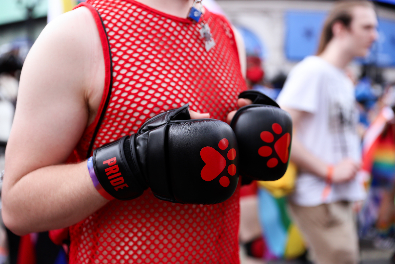 Boxing gloves with paw prints on them at London Pride 2022