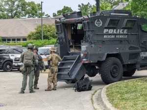 Security forces are deployed to the scene after multiple people were reported to have been shot at a July 4 Independence Day parade in the US state of Illinois on July 04, 2022.