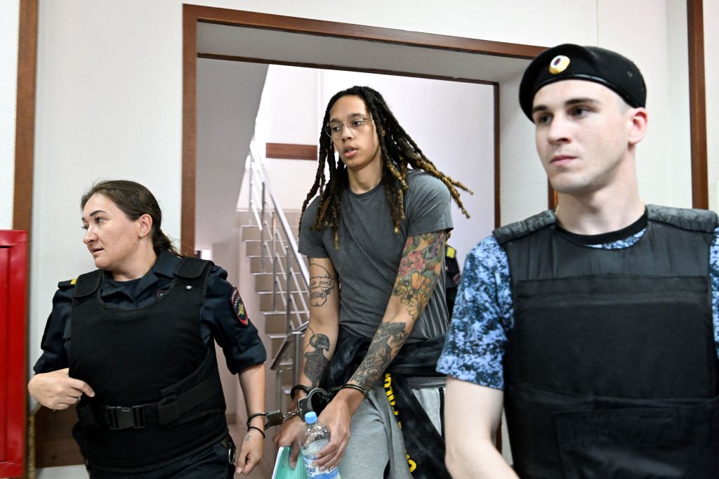 US WNBA basketball superstar Brittney Griner arrives to a hearing at the Khimki Court, outside Moscow on June 27, 2022. (Photo by KIRILL KUDRYAVTSEV/AFP via Getty Images)