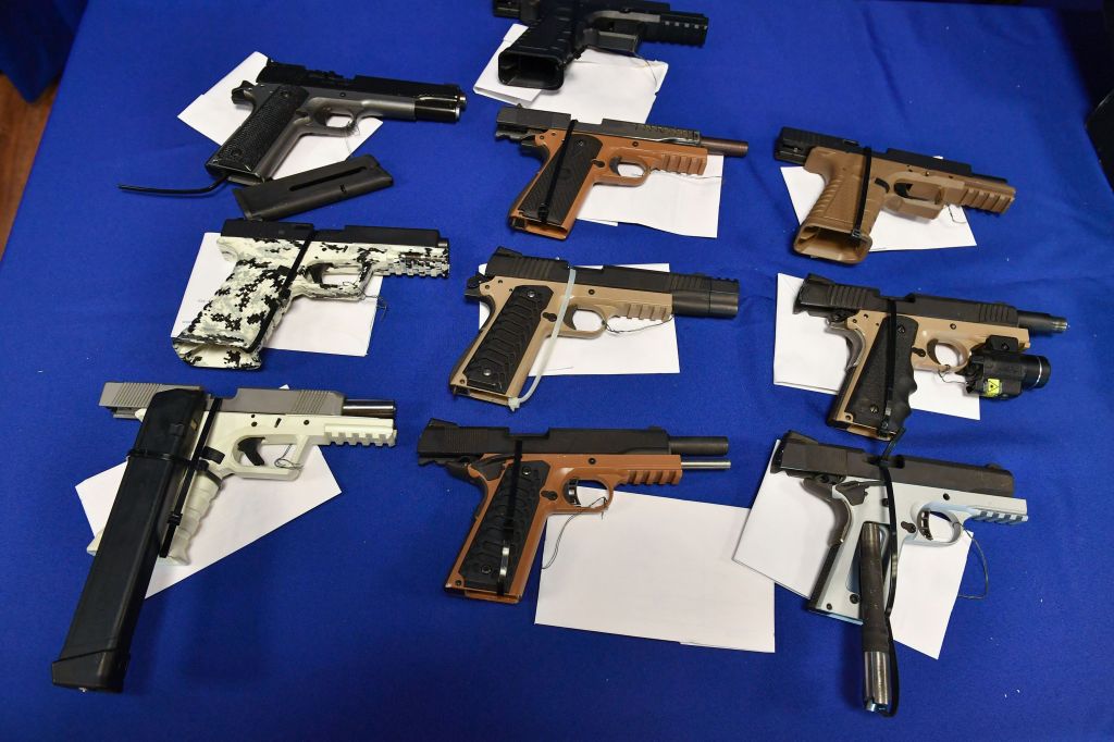 "Ghost guns" seized in federal law enforcement actions are displayed at the Bureau of Alcohol, Tobacco, Firearms, and Explosives (ATF) field office in Glendale, California on April 18, 2022.