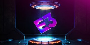 the purple lettering "E3" floats suspended in air between sci-fi teleporter pads in a darkened room.