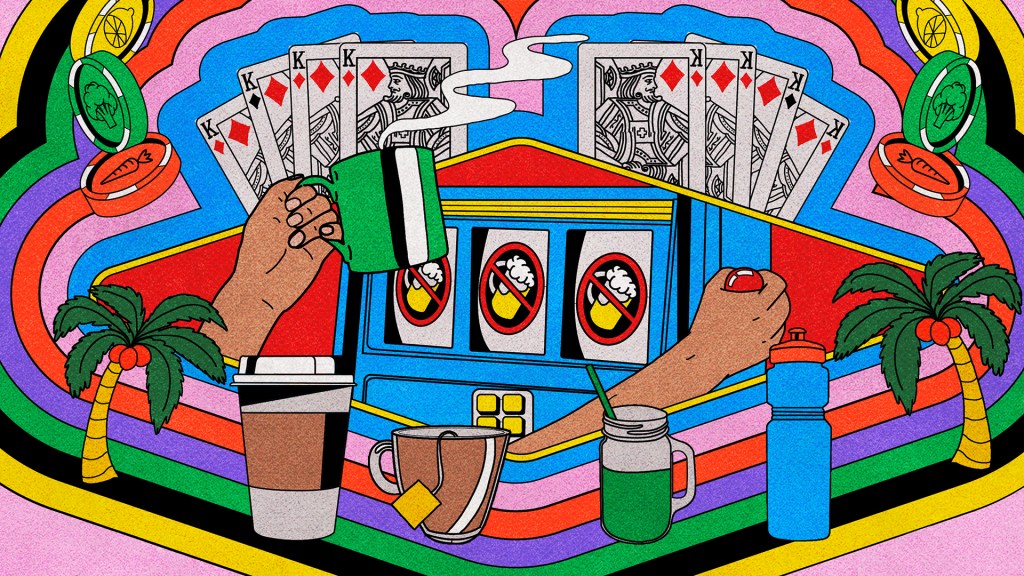 Brightly colored illustration of a person at a slot machine drinking coffee,surrounded by palm trees, poker chips, and non-alcoholic drinks