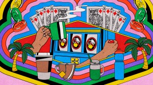 Brightly colored illustration of a person at a slot machine drinking coffee,surrounded by palm trees, poker chips, and non-alcoholic drinks