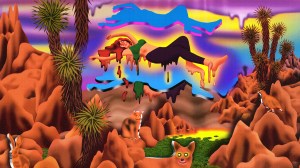 Brightly colored illustration of a person on a drug trip. They are floating in the sky in the desert, appear to be melting, and are surrounded by animals and plants.