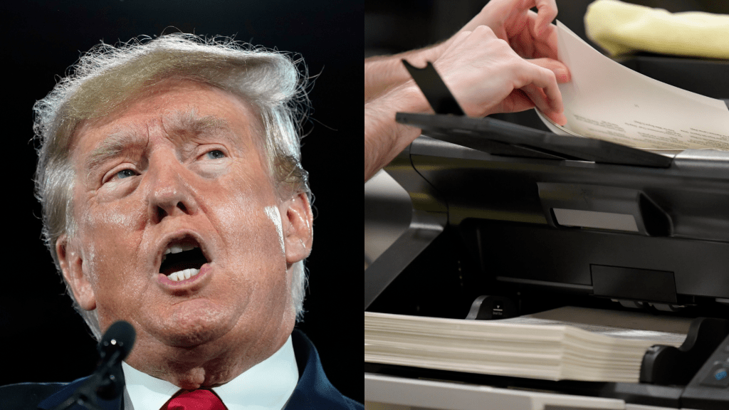 ​Left: Donald Trump (AP Photo/Mark Humphrey, File)​ Right: Voting machine in Marietta, Georgia. (AP Photo/Mike Stewart)