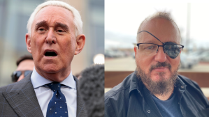 Left: Roger Stone (Photo by Anna Moneymaker/Getty Images) Right: Stewart Rhodes, leader of the Oath Keepers (Photo by Aaron C. Davis/The Washington Post via Getty Images)