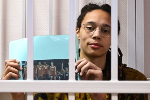 US WNBA basketball superstar Brittney Griner sits inside a defendants' cage in Russia.