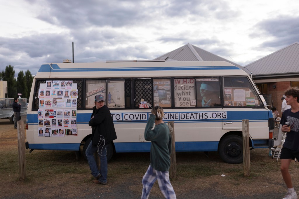 Anti-vaccine mandate protestor gather at Exhibition Park in Canberra in February.