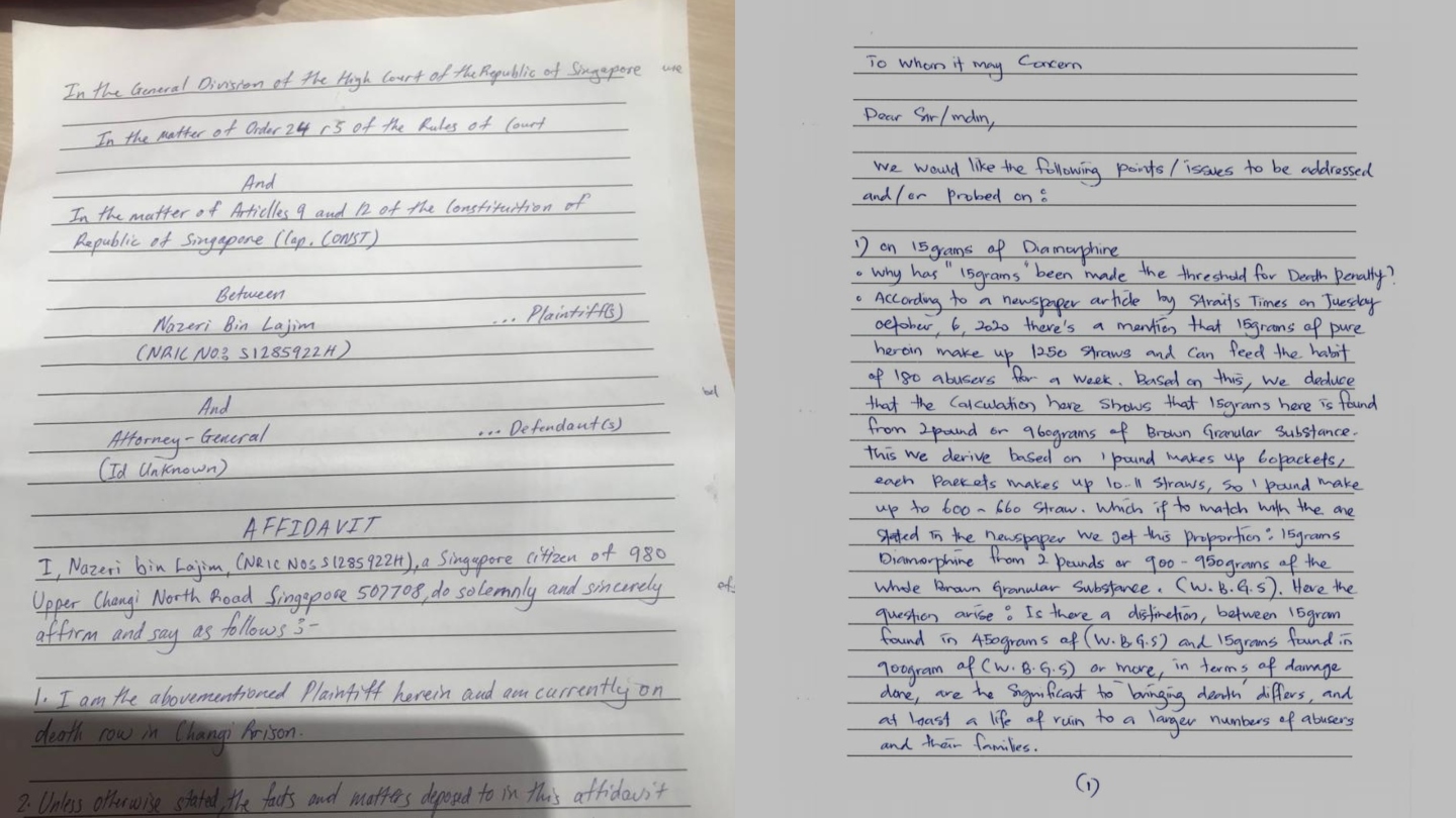 Letters written by Singapore death row inmate and drug trafficking convict Nazeri bin Lajim