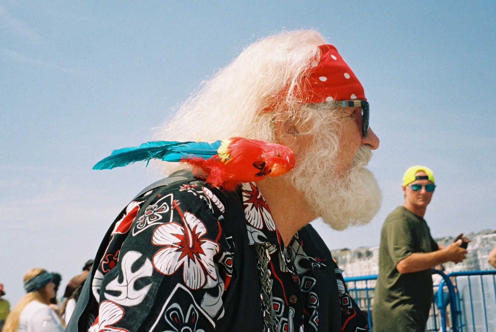 A pirate fanatic and his parrot on the beach for 'Pirate Day' in Hastings