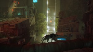 A screenshot of stray depicting a small orange cat walking on a pipe as a neon city quietly hums below.