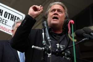 Former White House Chief Strategist Steve Bannon speaks to reporters as he leaves the Federal District Court House at the end of the fourth day of his trial for contempt of Congress on July 21, 2022 in Washington, D.C.