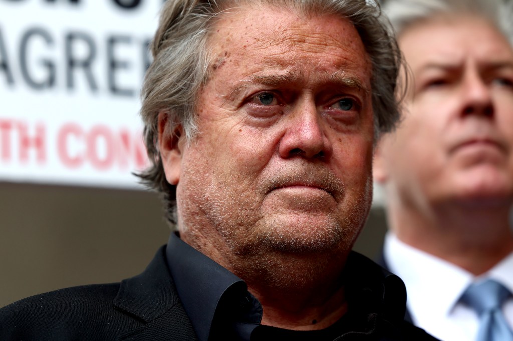 Former White House Chief Strategist Steve Bannon speaks to reporters as he leaves the Federal District Court House at the end of the fourth day of his trial for contempt of Congress on July 21, 2022 in Washington, D.C.