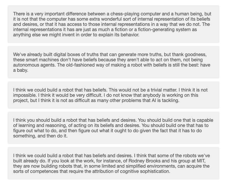 Four responses from GPT-3, and one response from Dennett from the quiz.