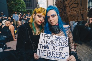 Millie and Collete at a Safe Kink Spaces protest in East London