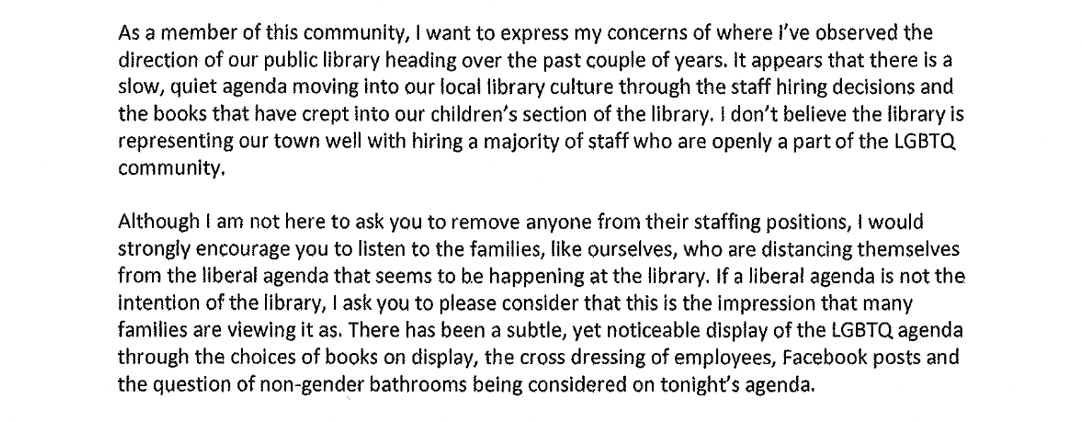 An excerpt from a letter written by a resident criticizing the Vinton Public Library for its