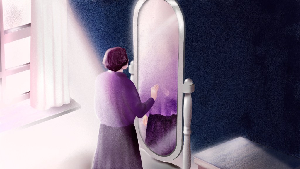 An illustration of a woman looking into a mirror and seeing an unrecognisable figure.