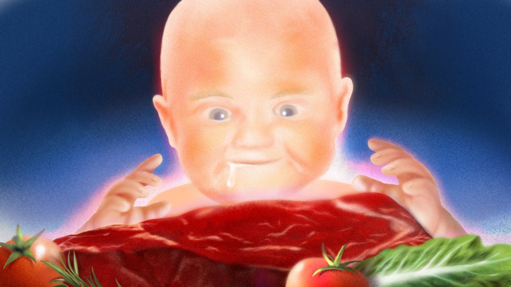 Illustration of a baby salivating while looking at a steak