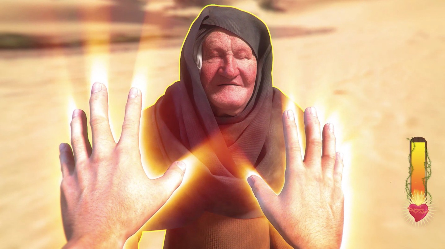 Old man with eyes closed being healed by a magical light coming from disembodied hands.