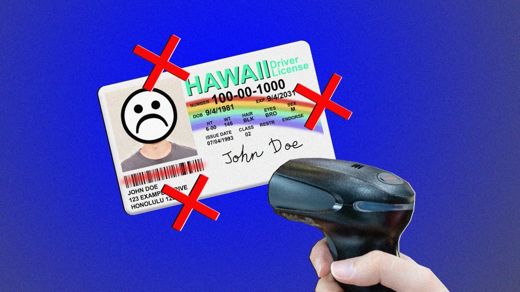 A cartoon fake ID and scanner