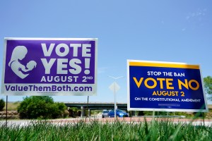 Signs in favor and against the Kansas Constitutional Amendment On Abortion are displayed outside a Lenexa, Kansas highway on August 01, 2022.