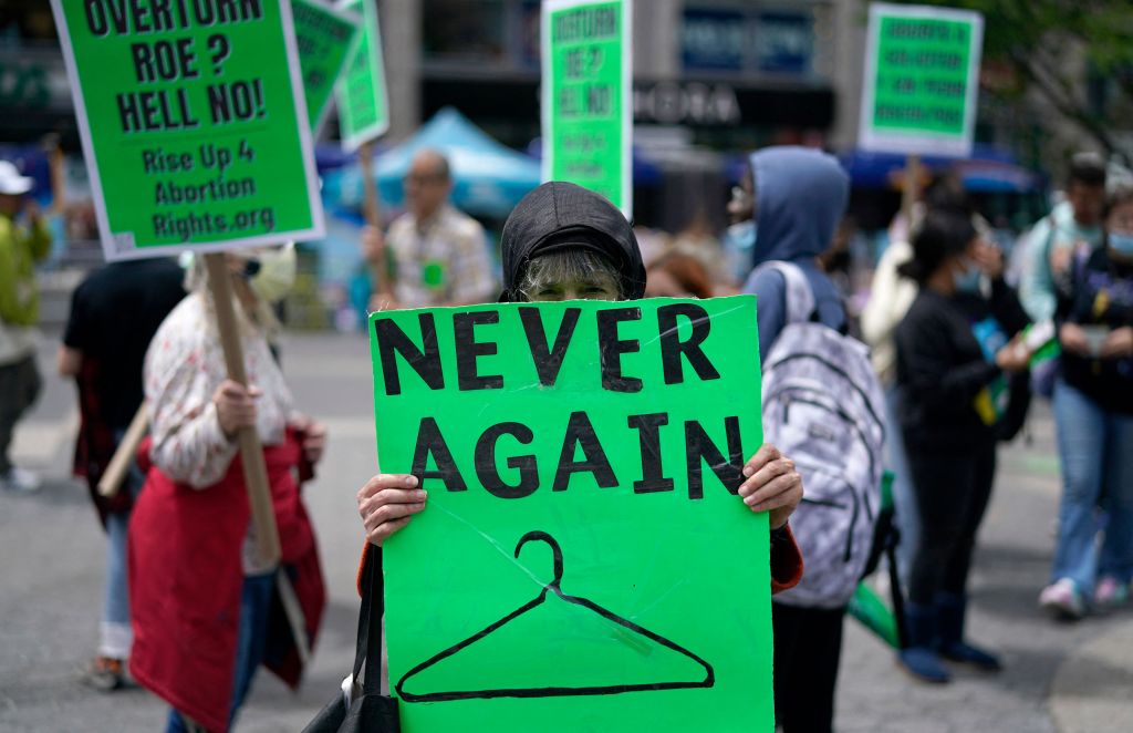 Photo shows a person in a hoodie with their face obscured holding a green sign that says "NEVER AGAIN" with a drawing of a coat hanger.