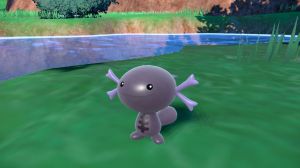 A purple, poison-type Wooper sits, smiling on an empty patch of grass.