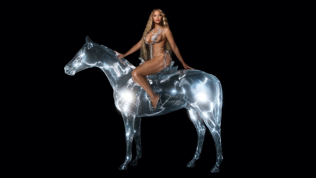 Beyonce posing on a horse made of light on the cover to Renaissance